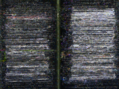 semi-abstract painting of a heavily annotated and redacted print book