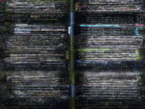 semi-abstract painting of a heavily annotated and redacted print book
