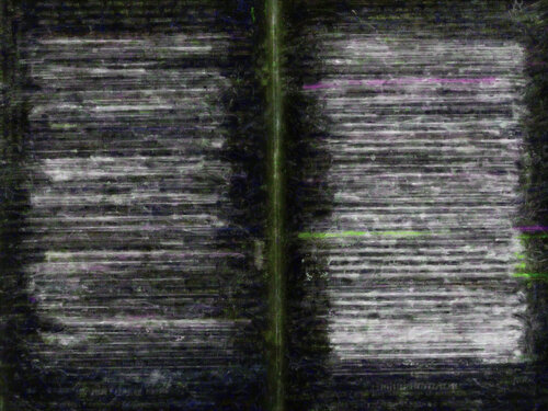 semi-abstract painting of a heavily annotated and redacted print book