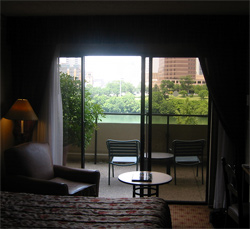 Balcony outside the hotel room overlooking the river.