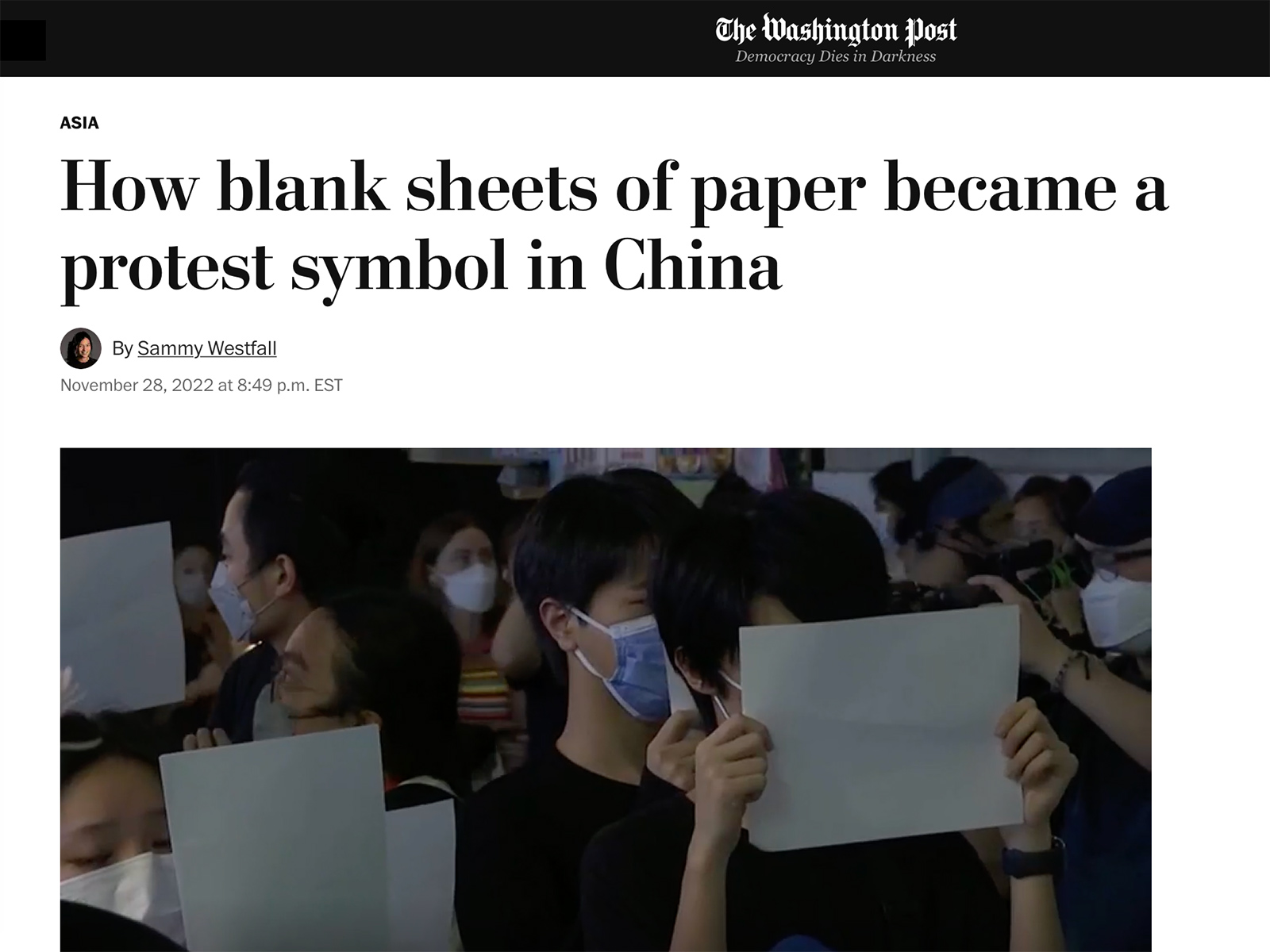 Washington Post front page showing Chinese students holding up blank sheets of paper.