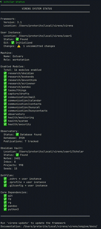 terminal screen showing application and user and database status for VIRENS 3.1